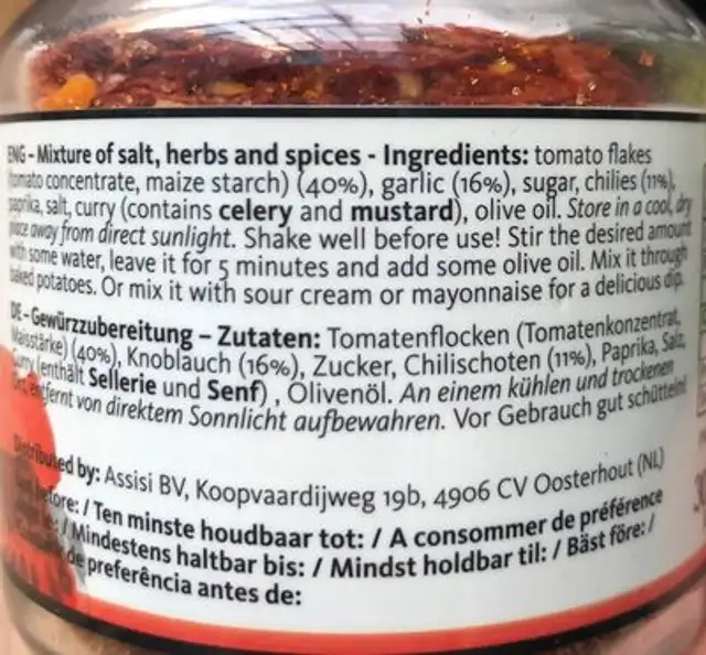 Patatas bravas ingredients label