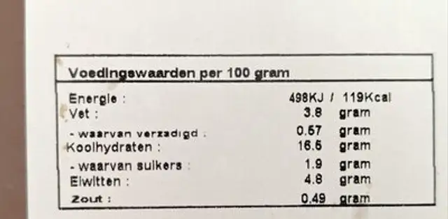 Surinaamse Kipschotel nutrition facts table