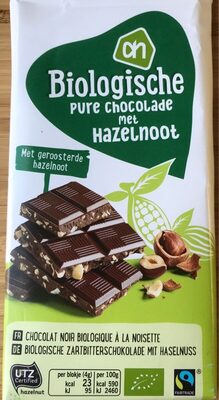 Biologische pure chocolade met hazelnoot front packaging