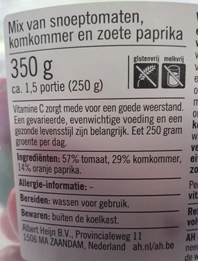 Snoepgroente ingredients label