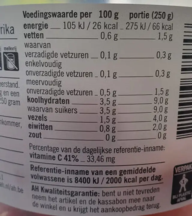 Snoepgroente nutrition facts table