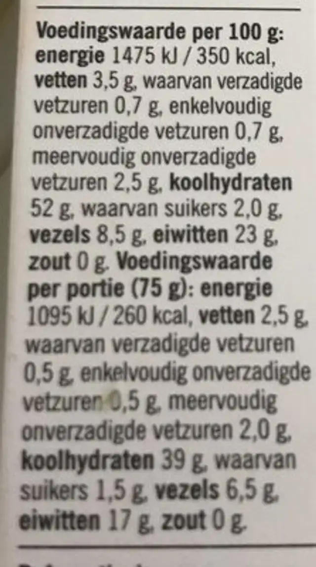 Mélange lentilles rouges pois chiches nutrition facts table