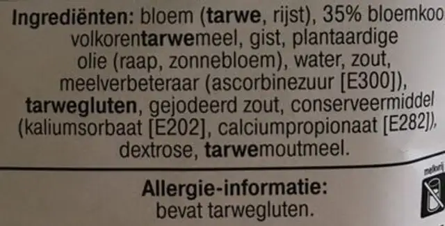 Voorgebakken broodjes met bloemkool ingredients label