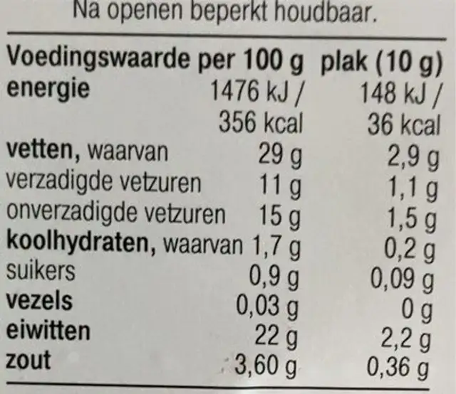Kalkoensalami nutrition facts table