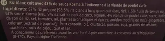 Indian korma chicken with rice ingredients label