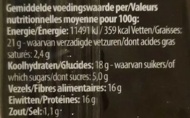 Granola bar Hazelnut nutrition facts table