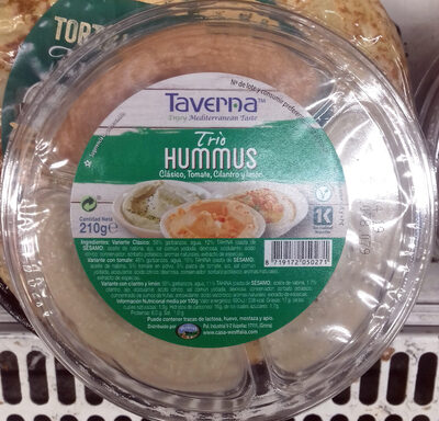 Trío hummus clásico, tomate, cilantro y limón front packaging