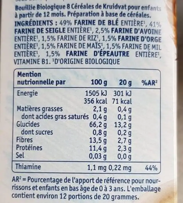Bouillie Biologique nutrition facts table