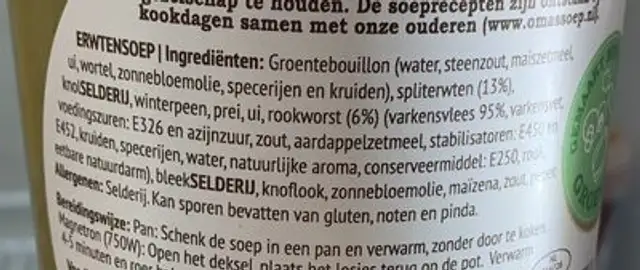 Erwt met rookworst ingredients label