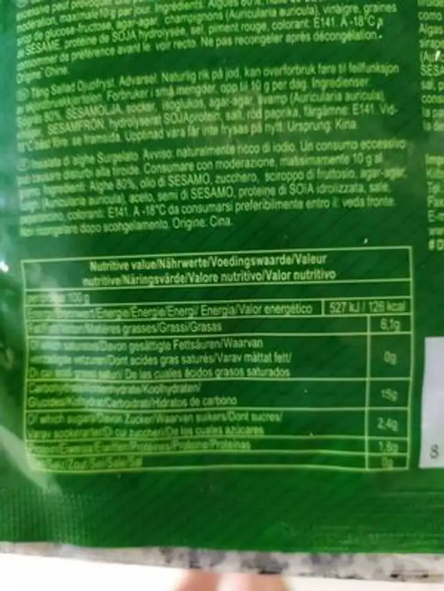 Seaweed salad nutrition facts table