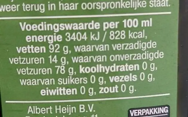 Olijfolie Extra Vierge nutrition facts table