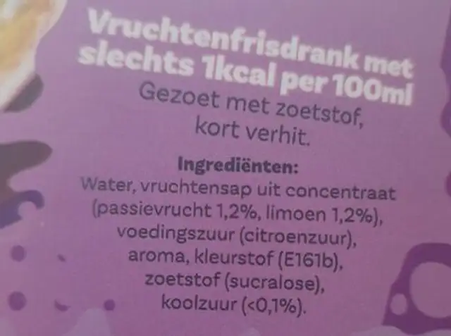 DubbelFrisss passievrucht & limoen ingredients label