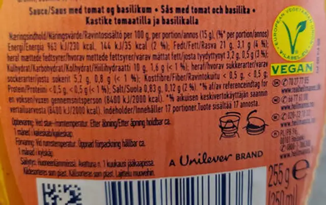 Unknown nutrition facts table