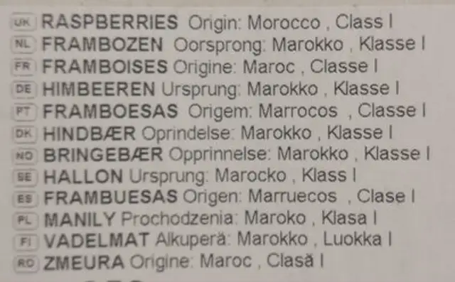 Driscoll‘s Raspberries ingredients label