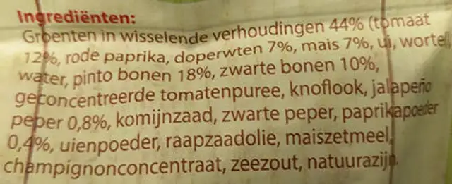 Tortilla schotel ingredients label