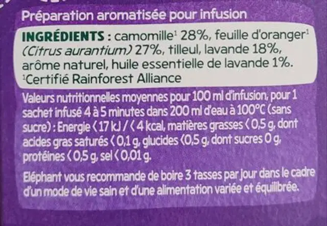 Pure Relaxation ingredients label