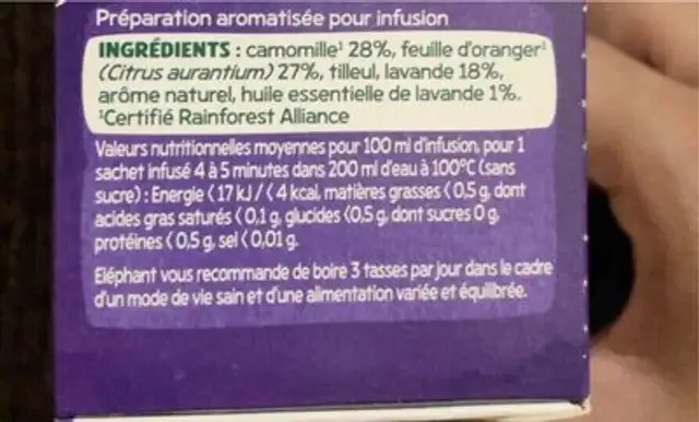Pure Relaxation nutrition facts table