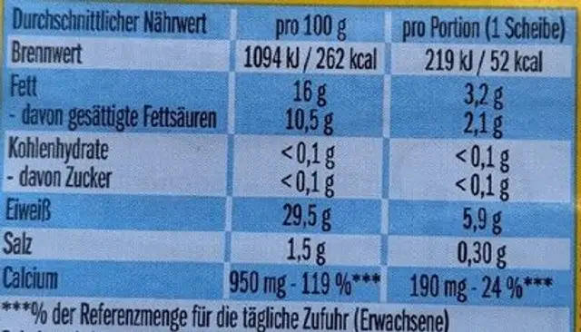 Leerdammer Leger nutrition facts table
