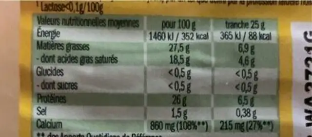L’original nutrition facts table
