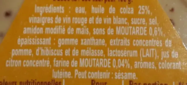 Vinaigrette légère moutarde ingredients label