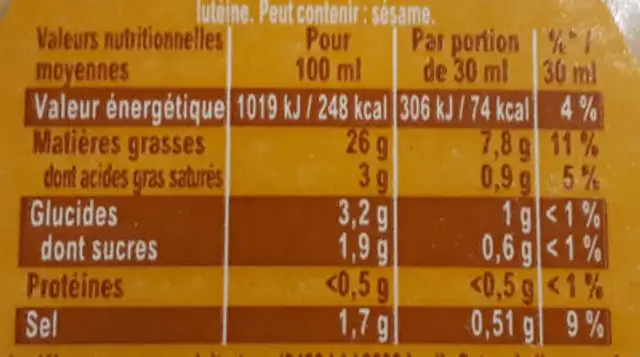 Vinaigrette légère moutarde nutrition facts table