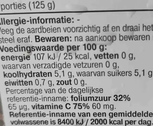Aardbeien nutrition facts table