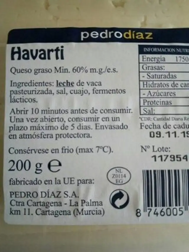 Queso havarti en lonchas ingredients label