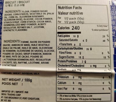 Chocolate Creme Cookies nutrition facts table