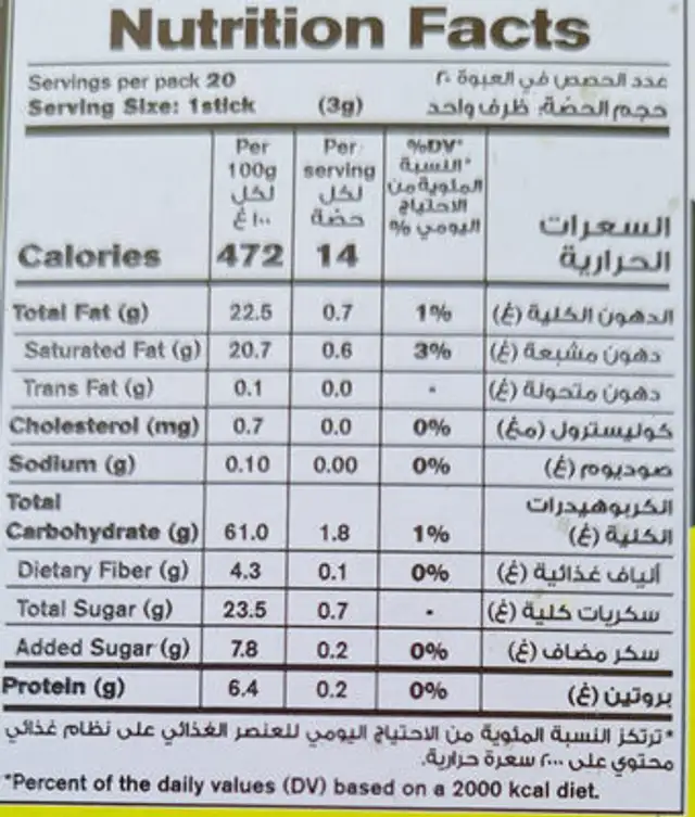 Arabiana nutrition facts table