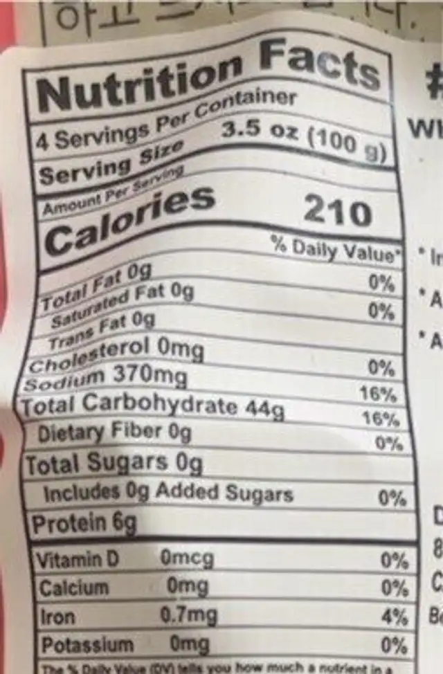 Wheat Noodle Rice Cake nutrition facts table