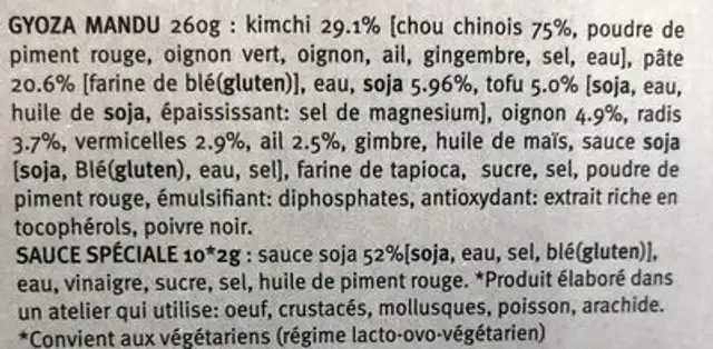 Gyoza Mandu au Kimchi ingredients label