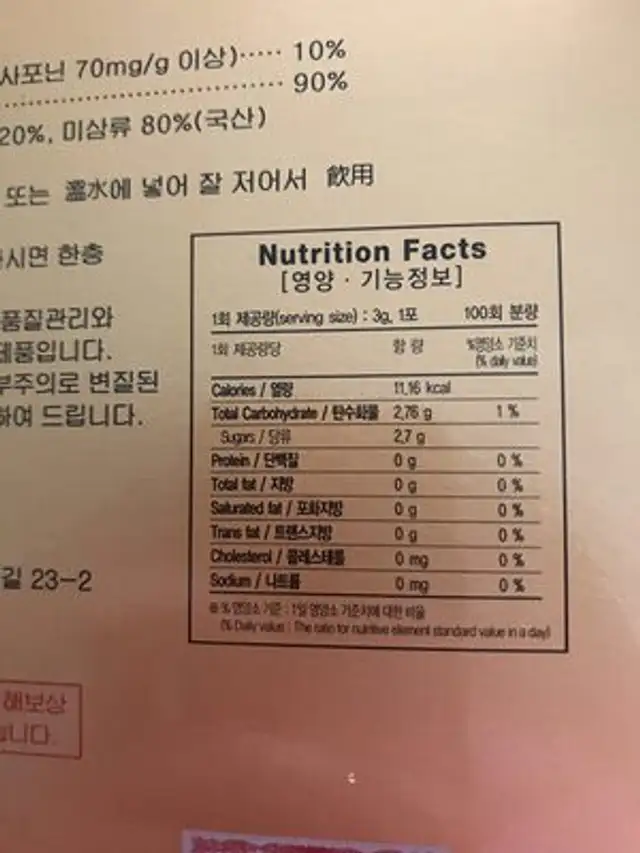 Korean ginseng tea nutrition facts table