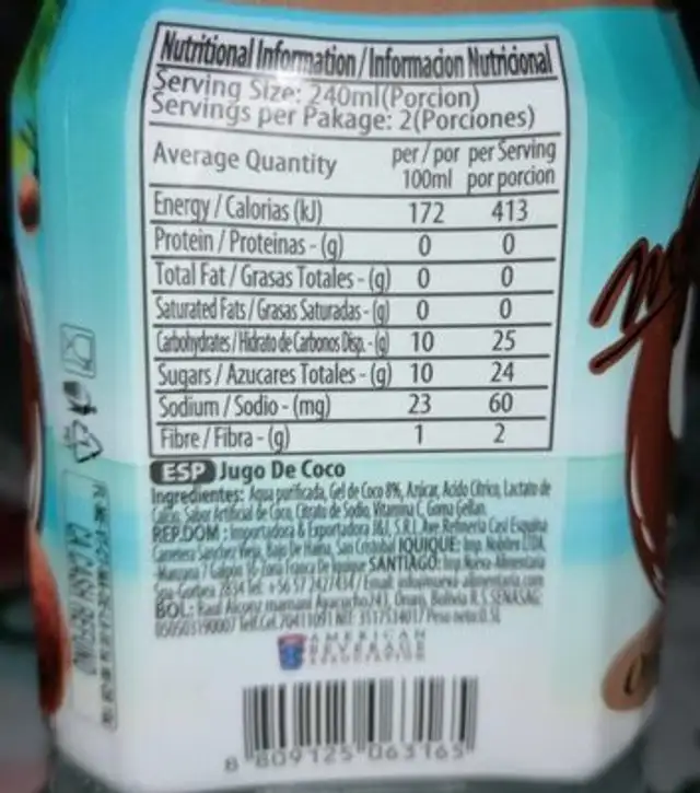 Pure Plus Coco nutrition facts table