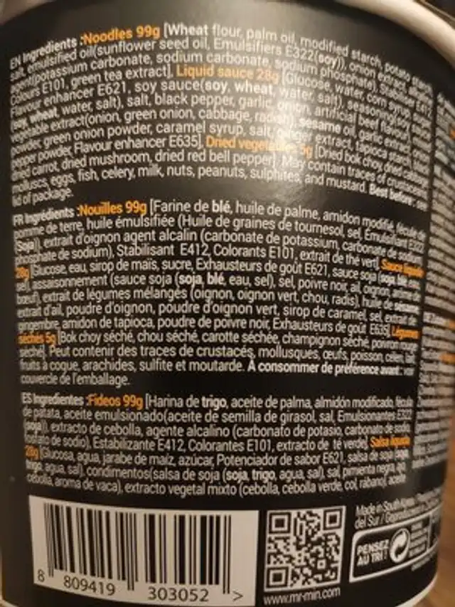 Nouilles sautees coreenne ingredients label