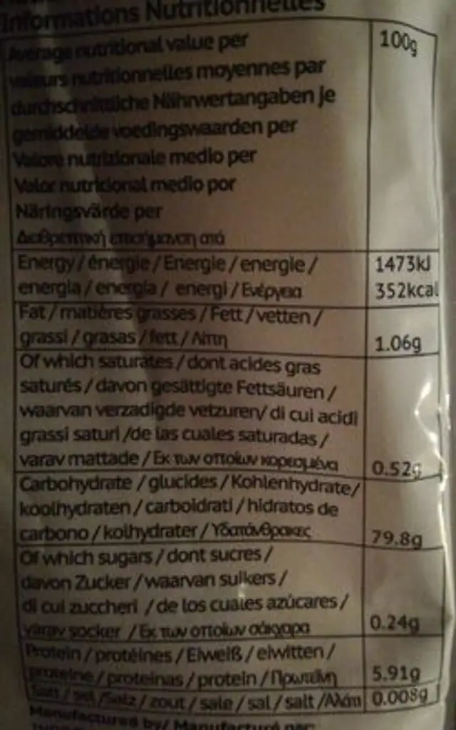 Fideos de arroz nutrition facts table
