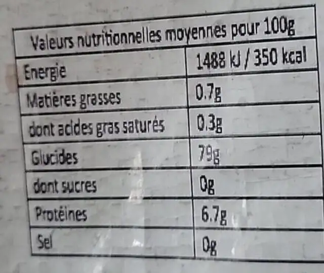 Riz long grain nutrition facts table