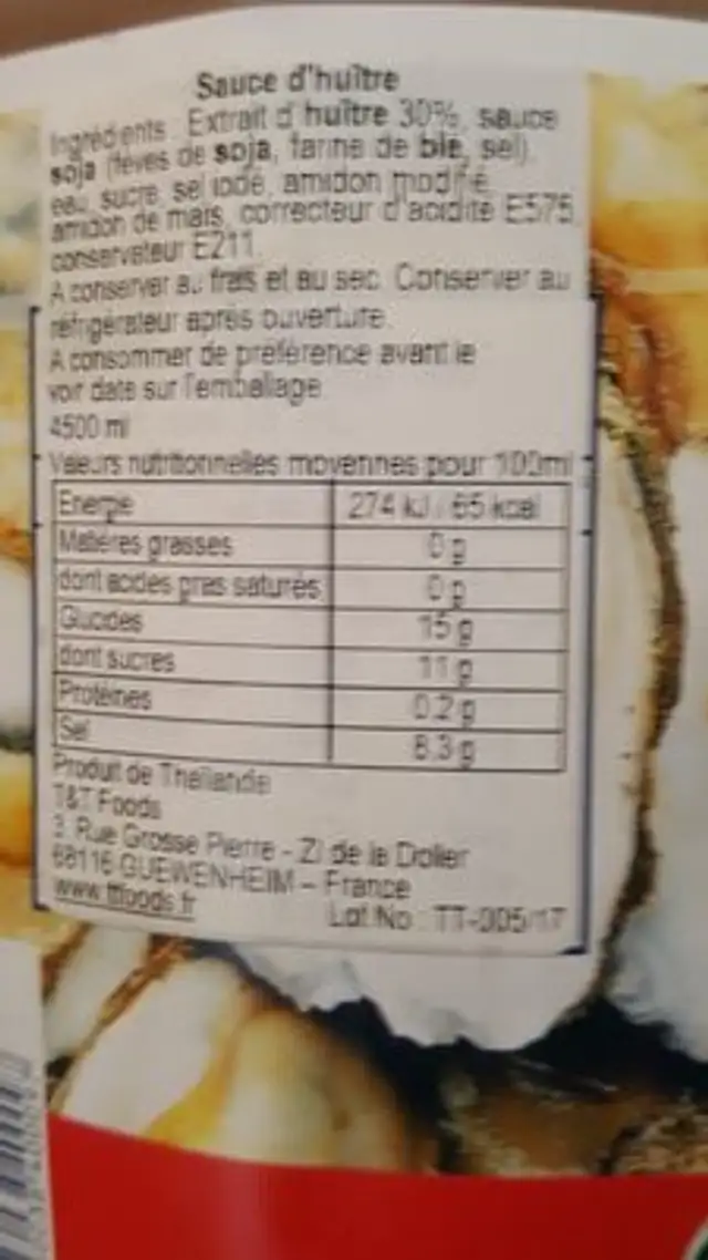 4.5L Sauce Huitre Thai Mae Krua ingredients label