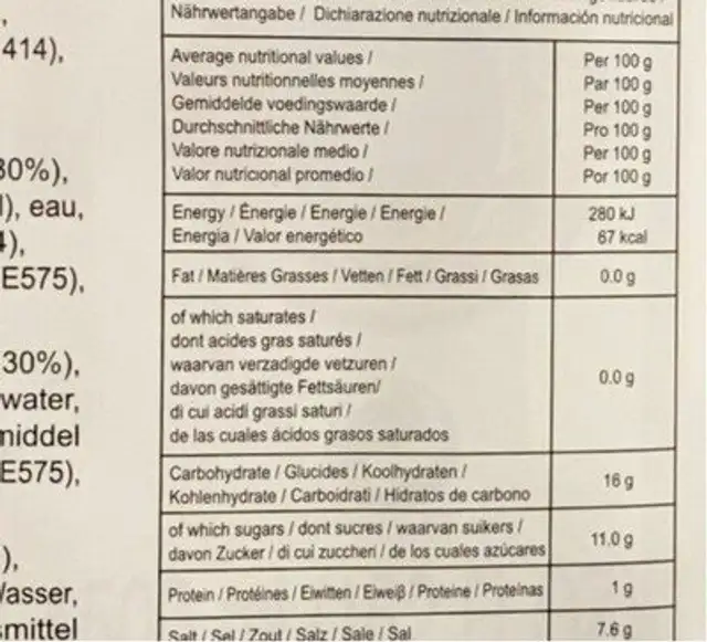 4.5L Sauce Huitre Thai Mae Krua nutrition facts table