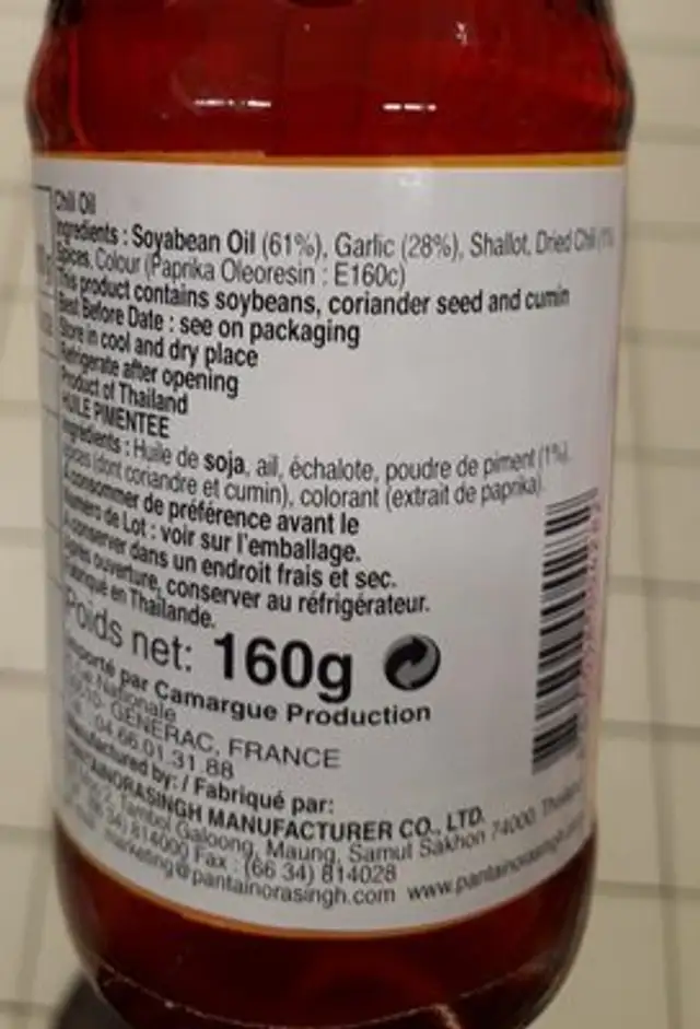 Chiliöl 200 ml Pantai Thailand ingredients label