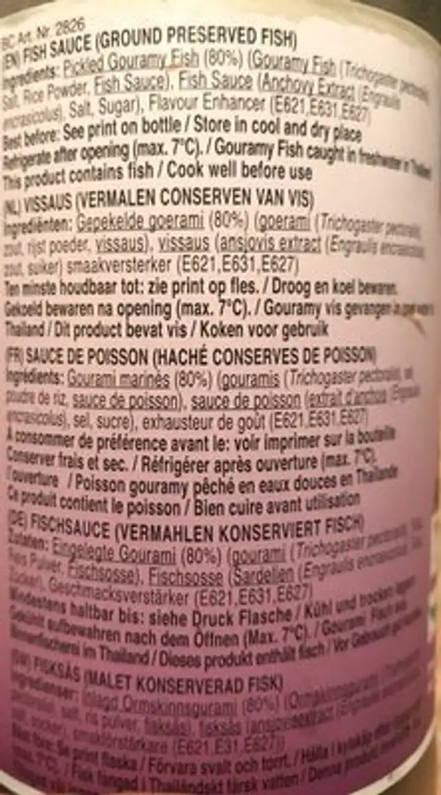 Pantai Pickled Fish Sauce 855G ingredients label