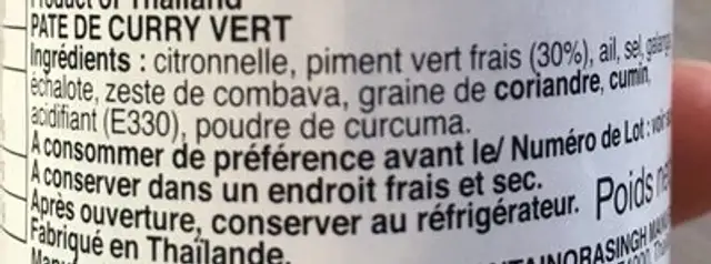 Green curry paste ingredients label
