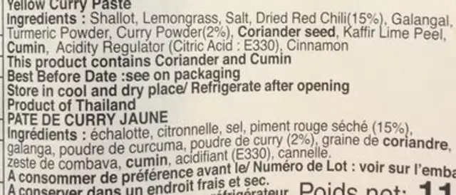 Yellow curry paste ingredients label