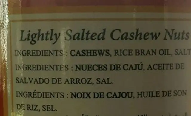 Nut Walker Cashew Nuts Size 135 G. ingredients label