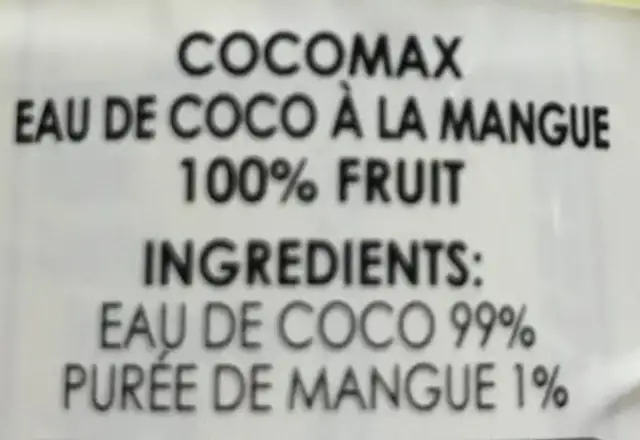 Cocomax mangue ingredients label