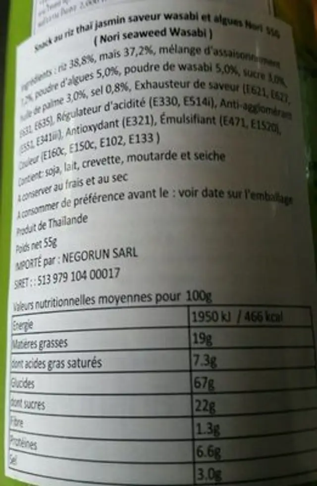 RI-O nutrition facts table