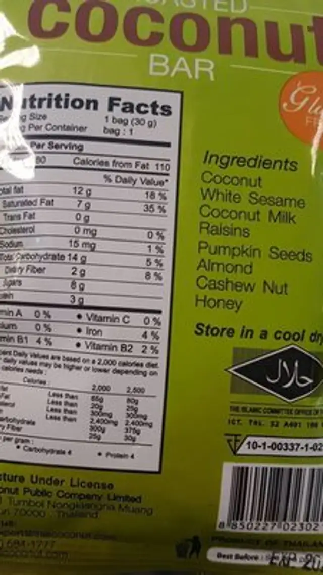 Roasted coconut bar ingredients label