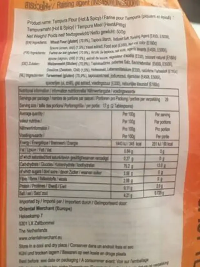 Tempura flour ingredients label