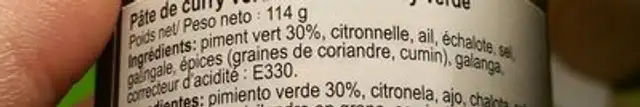 Pâte de curry vert ingredients label
