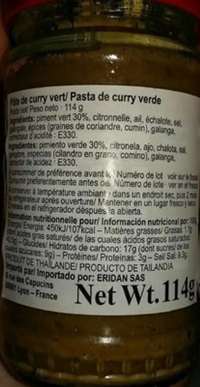 Pâte de curry vert nutrition facts table