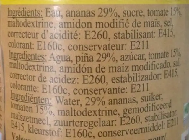200ML Sauce Aigre Douce Suree ingredients label
